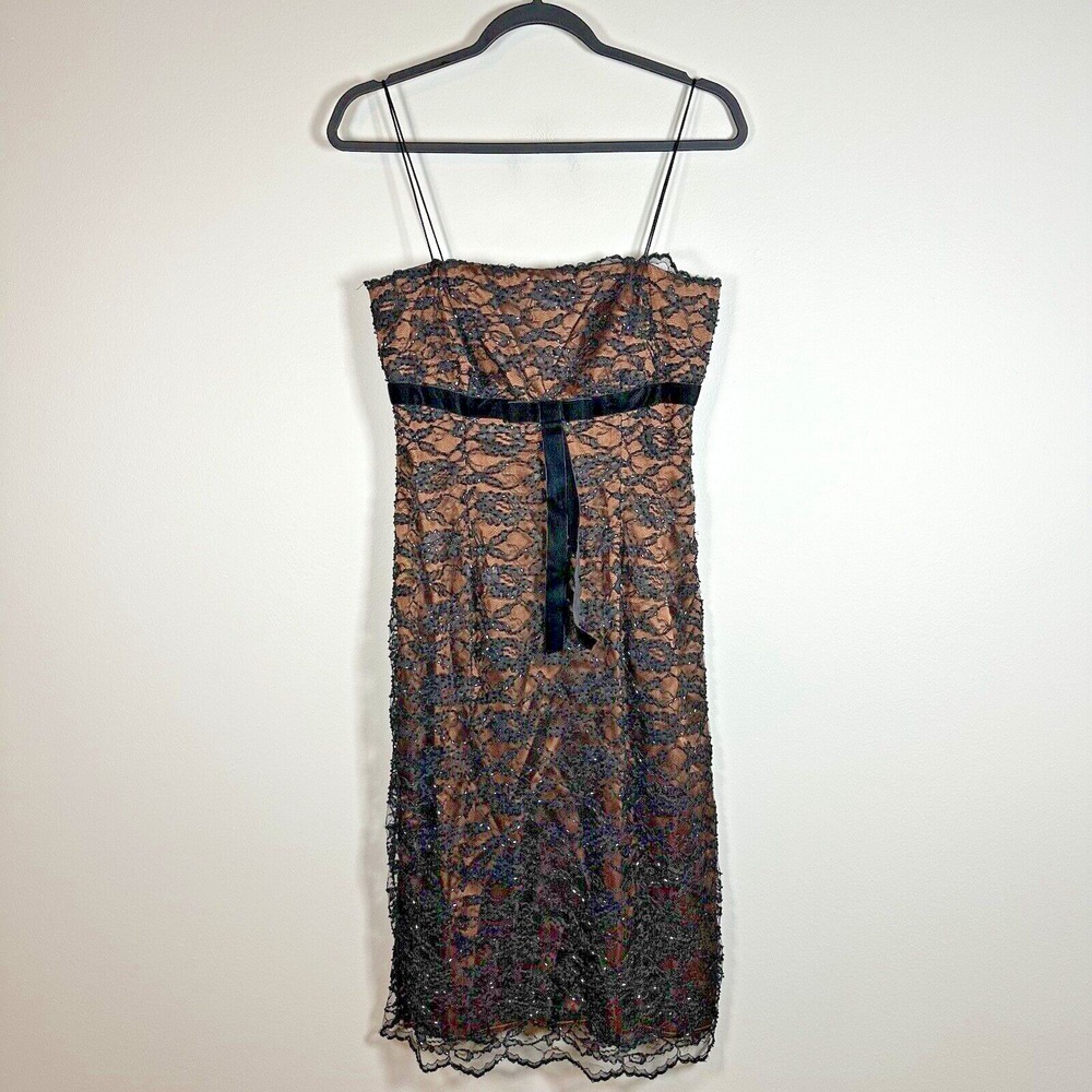 JS Boutique Size 6 Sheath Dress Black Bronze Lace Sleeveless Sequin Velvet Midi